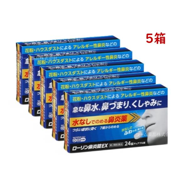 ローリン鼻炎錠EX 24錠 5箱 第2類医薬品 水なしで飲めるチュアブル錠 アレルギー性鼻炎 くしゃみ 鼻みず 鼻づまり
